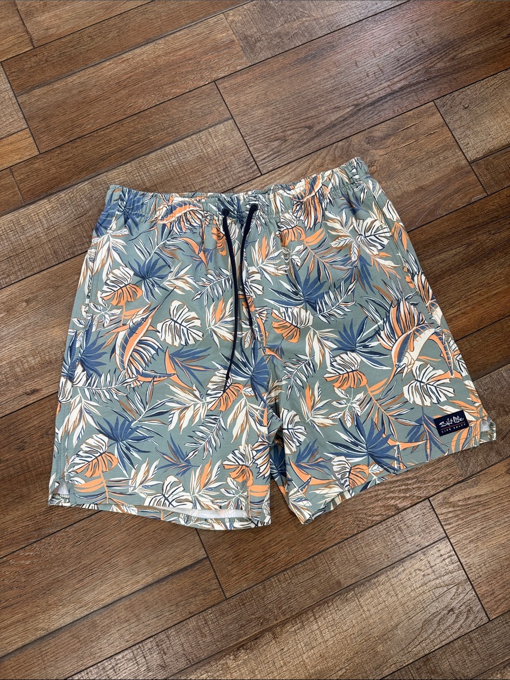 Salt Life Men's Tropical Print Swim Trunks - Sage Green & Orange